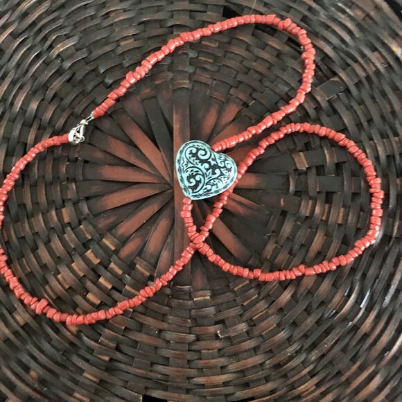 Vintage Zuni Beaded Necklace Red Seed Glass Beads Blue Heart Beads - Picture 1 of 5